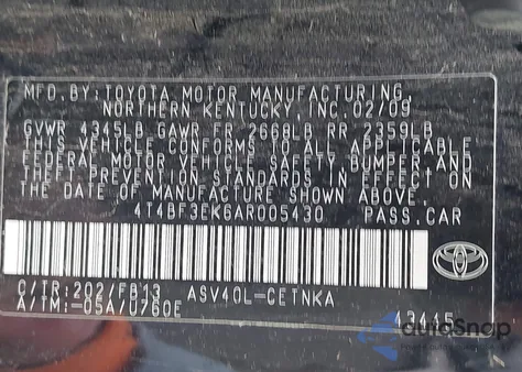 2010 Toyota Camry Le из США, поврежденный, VIN 4T4BF3EK6AR005430